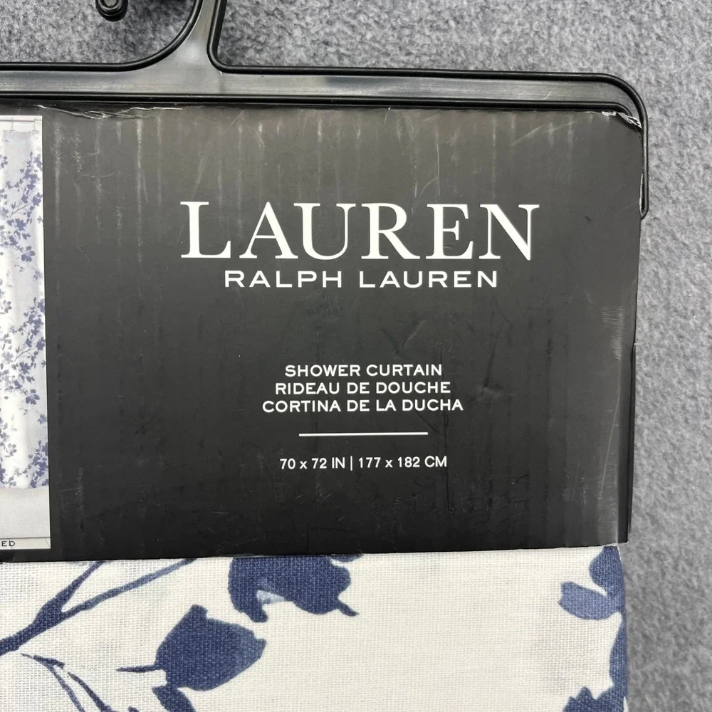 Lauren Ralph Lauren Shower Curtain Blue White Floral Cotton 70x72 Tailored Hem
